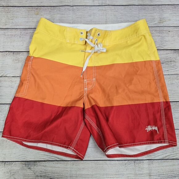 Stussy Swim Trunks Board Shorts Mens Sz 30 Drawstring Zip Closure Colorblock Y2K - Picture 1 of 10